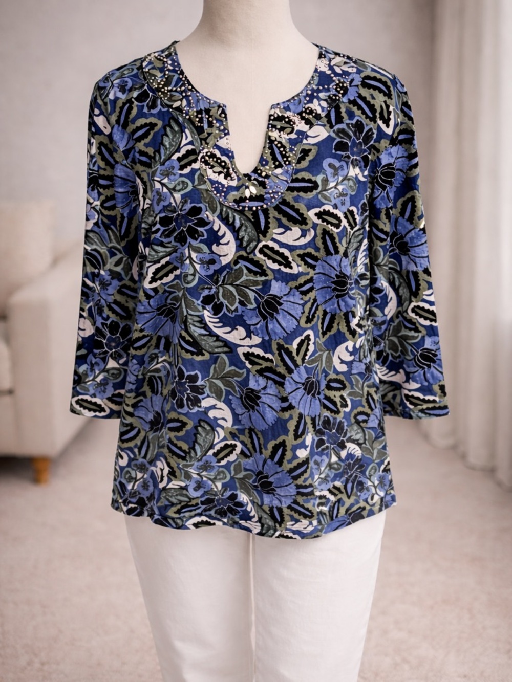 Ruby Rd. Blue Floral Split V-Neck Tunic